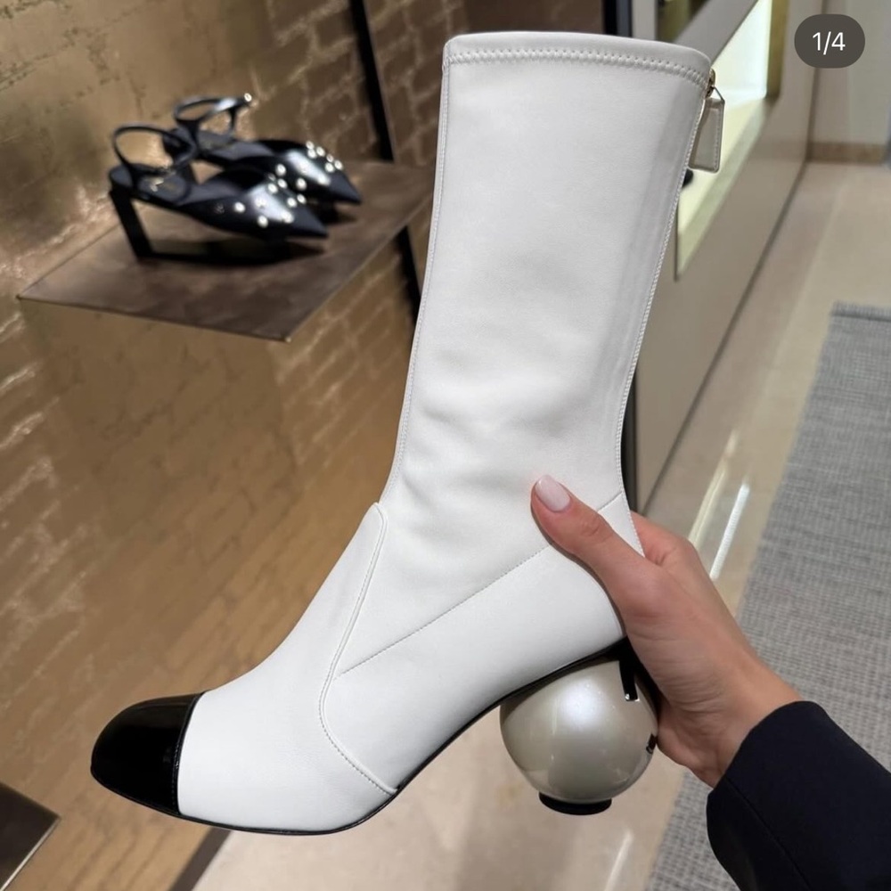 CHANEL White and Black Heeled Boots - Picture 4 of 6